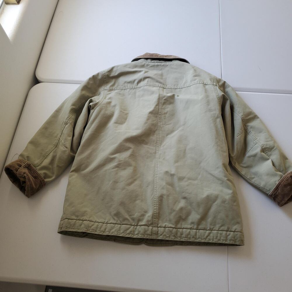 LL Bean Jacket Womens Medium Petite Green Canvas Barn Coat Corduroy Collar Lined - Picture 3 of 9